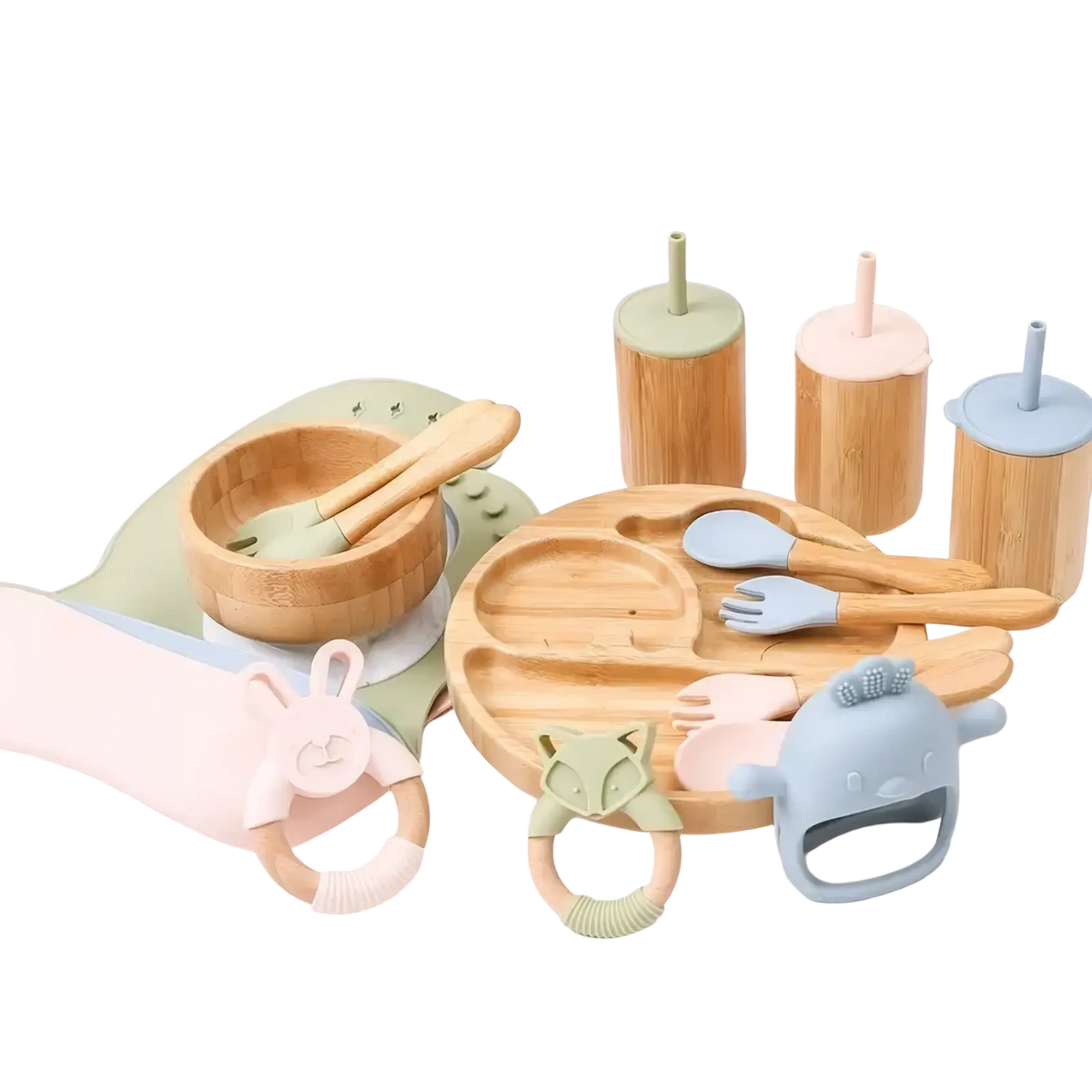 Pastel-colored silicone baby teething rings with wooden handles and animal faces in bamboo baby feeding set