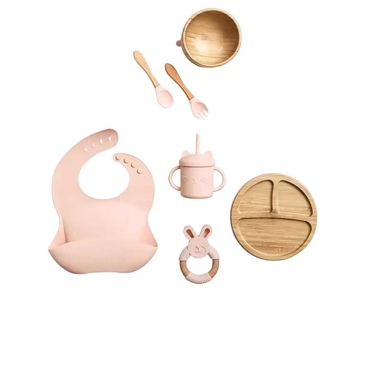 Peach-colored silicone bib with rounded edges and three small circular cutouts from bamboo baby feeding set