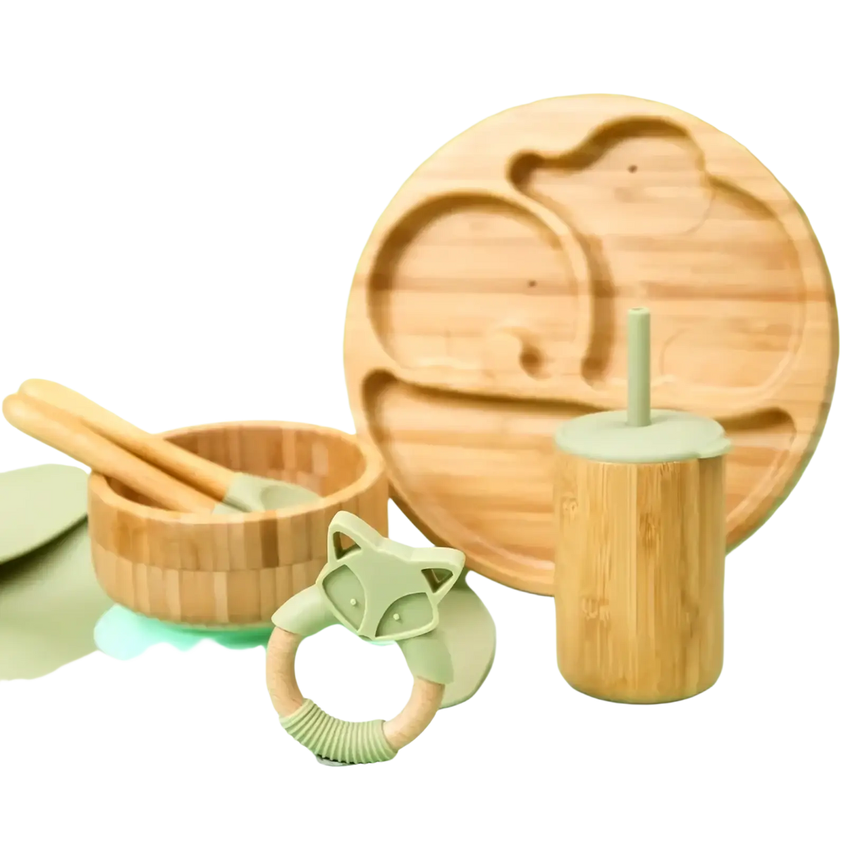 Bamboo baby feeding set with a soft sage green silicone fox-shaped teething ring and wooden handle with ribbed texture