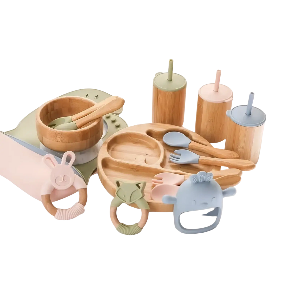 Wooden baby feeding set with bamboo bowl utensils and pastel green pink and blue silicone accents for infants