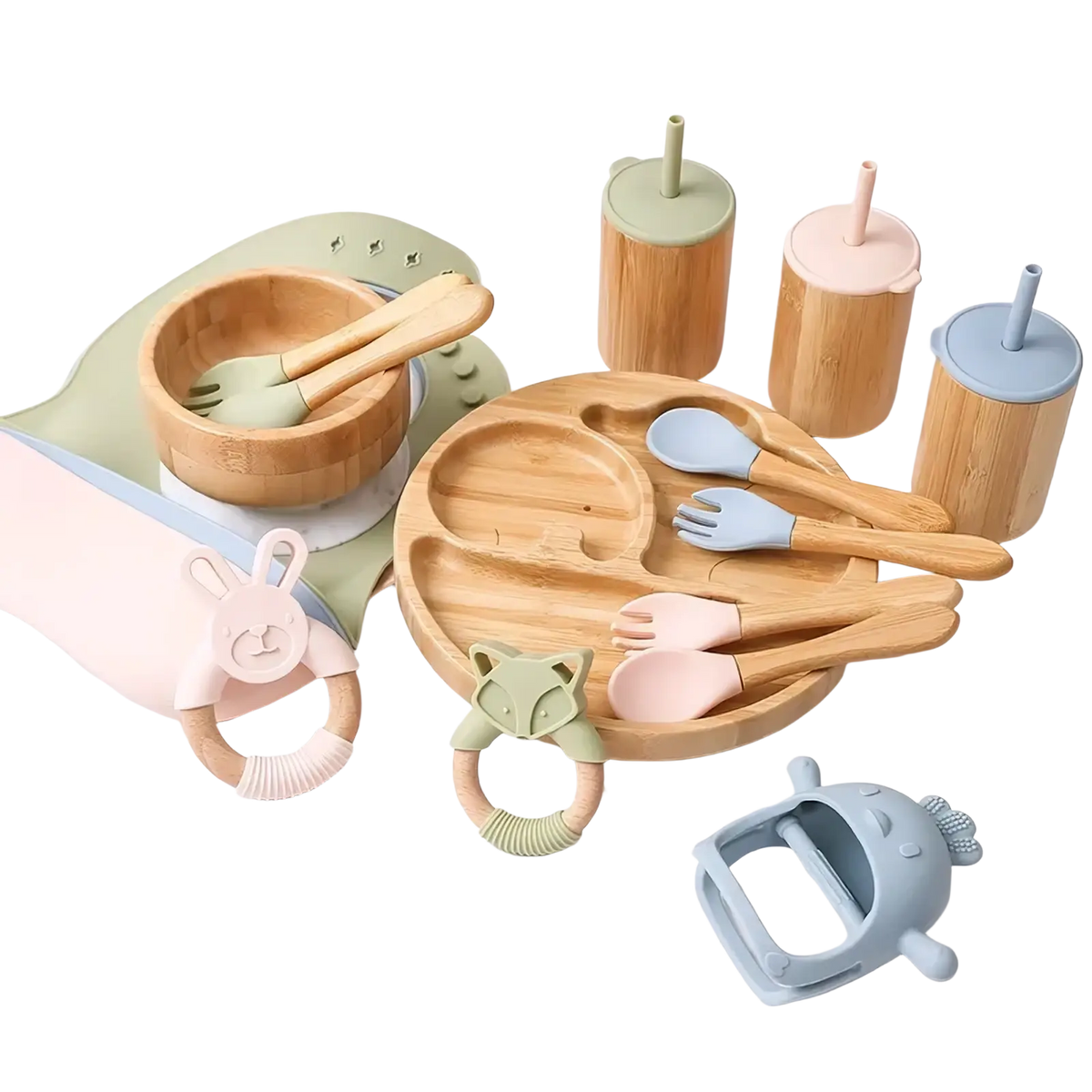 Bamboo baby feeding set with pastel-colored wooden and silicone utensils and cups for toddler mealtime