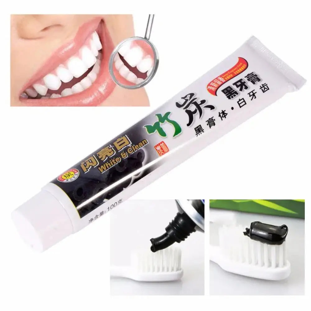 A tube of black bamboo charcoal whitening toothpaste by white & clean with white and green labeling for deep stain removal