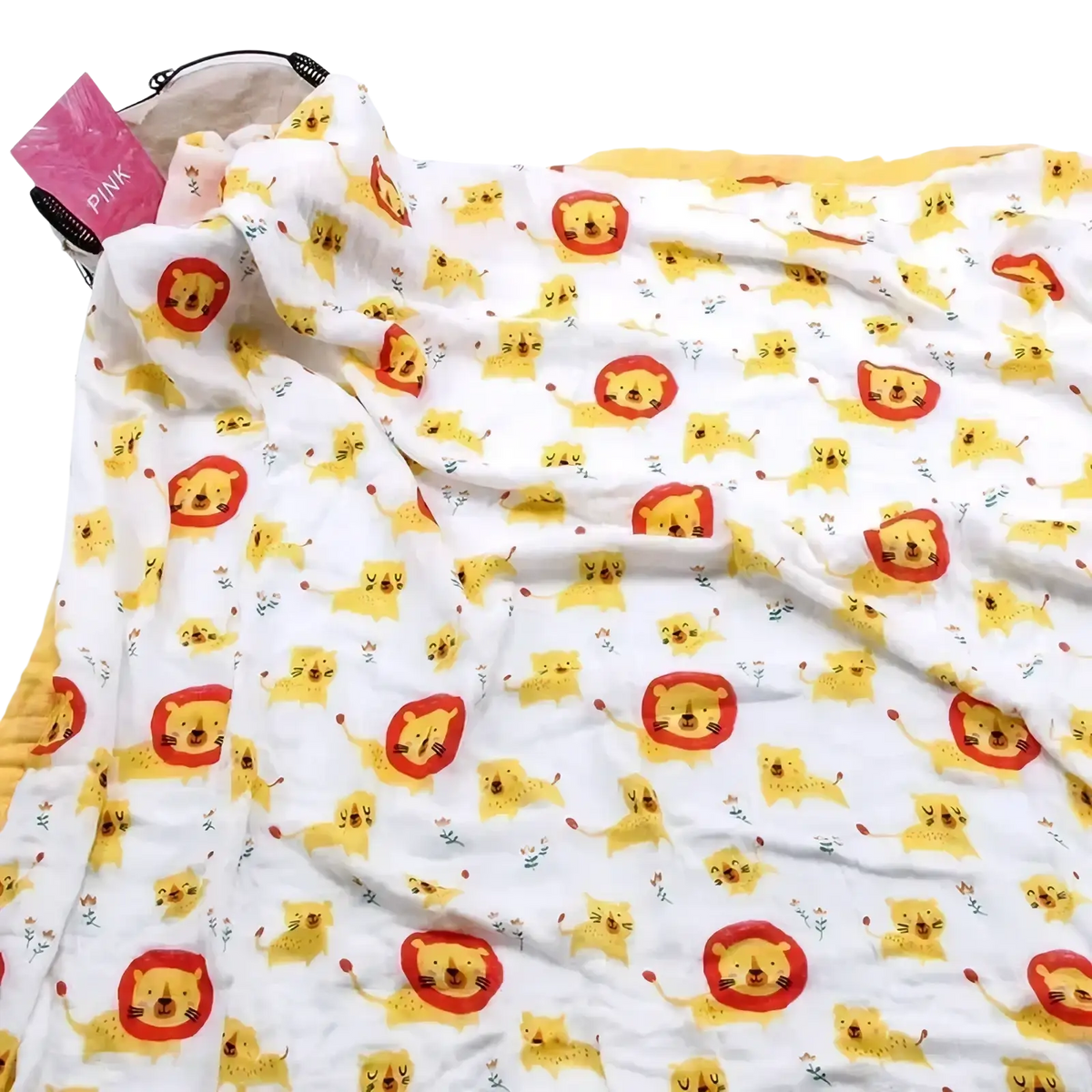 White muslin bamboo cotton floral baby swaddle blanket with yellow lion crowns and small floral details