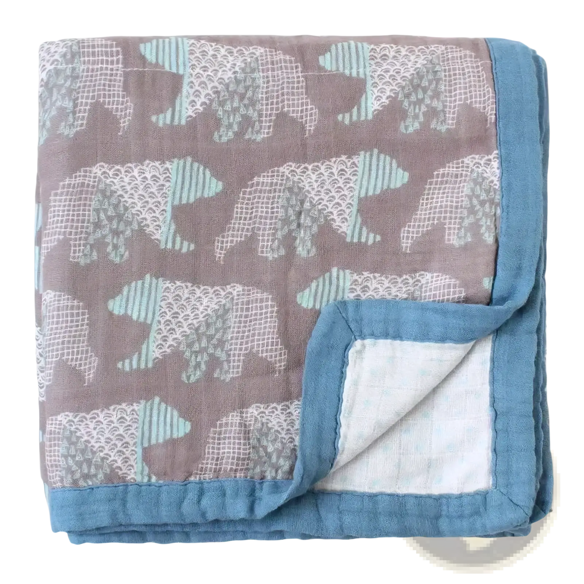 Bamboo cotton floral baby swaddle blanket with stylized bear pattern in muted gray mint green on taupe with blue border