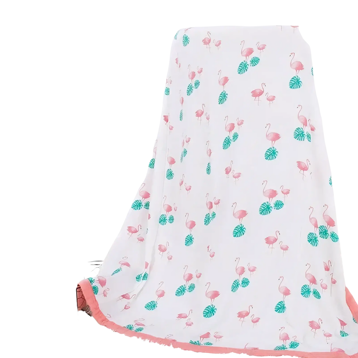 White bamboo cotton floral baby swaddle blanket with pink flamingos teal monstera leaves and coral border