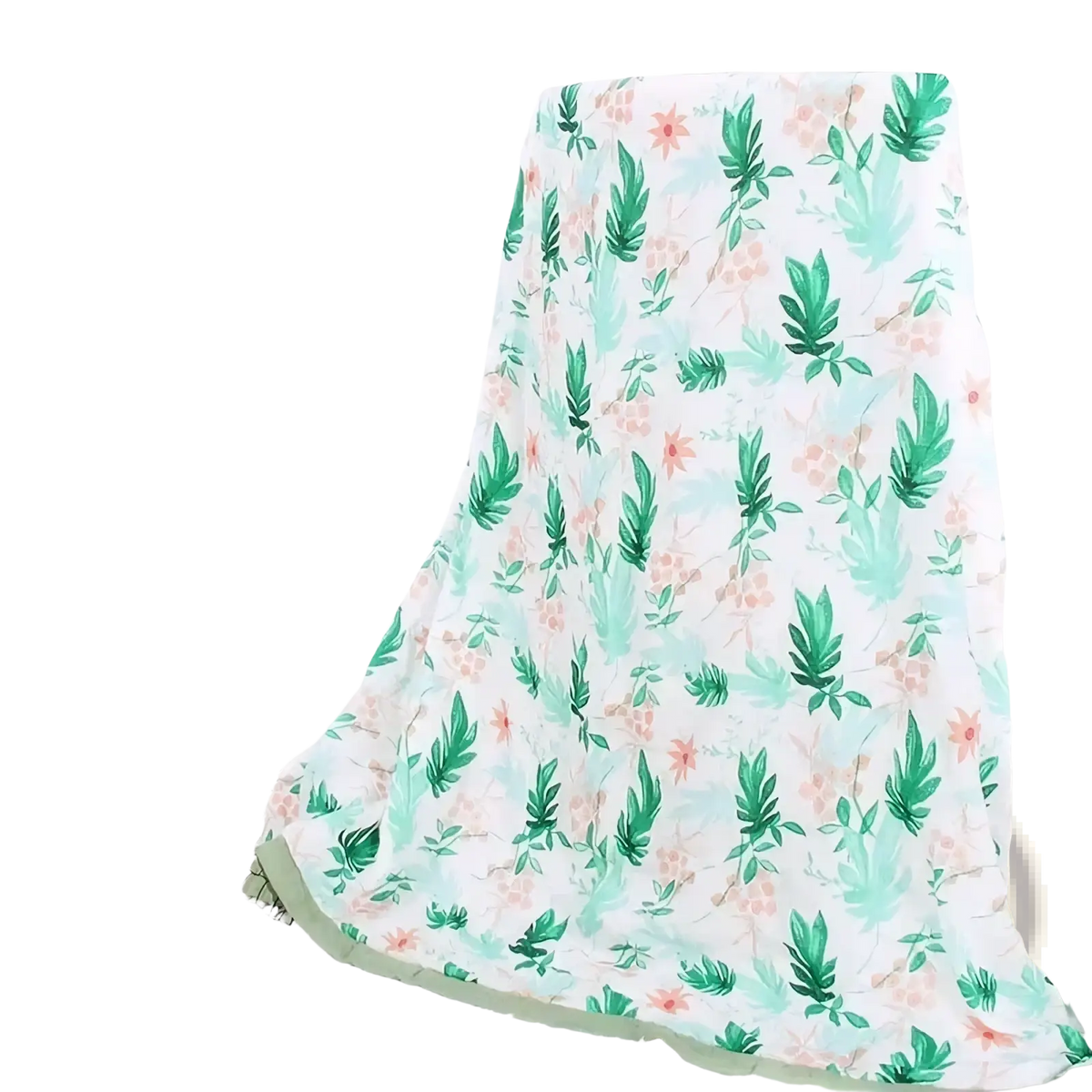 Bamboo cotton floral baby swaddle blanket in soft lightweight fabric with mint green leaves and blush pink flowers on white