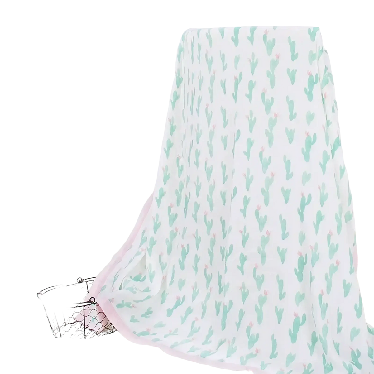 A soft white bamboo cotton floral baby swaddle blanket with light green cacti and pink blossom pattern edged in pale pink trim