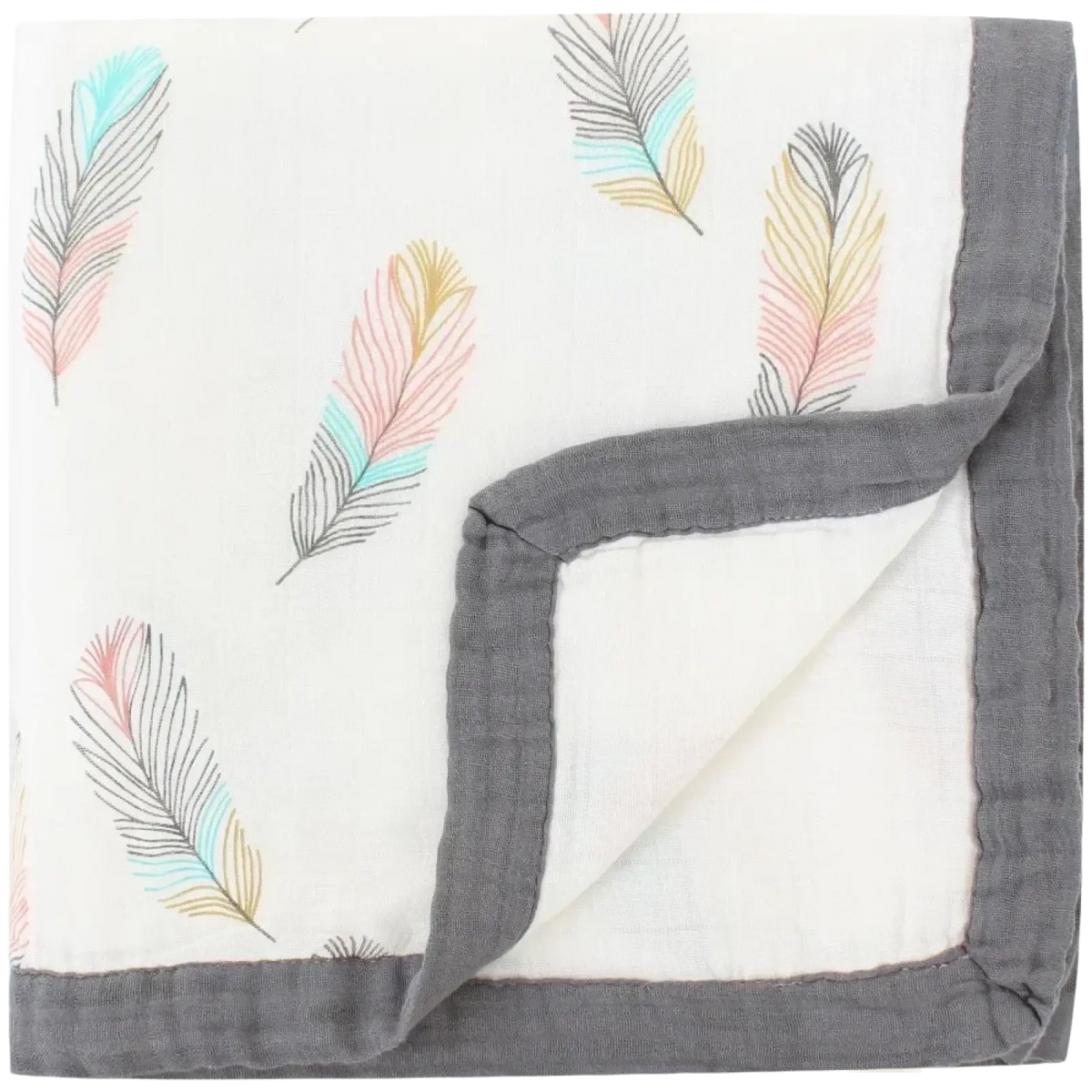 A soft white bamboo cotton floral baby swaddle blanket with pastel feather prints and a solid gray border