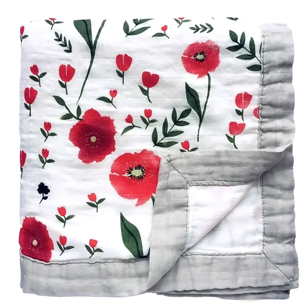 Bamboo cotton floral baby swaddle blanket in soft white muslin with red poppy pattern and gray ruffled border