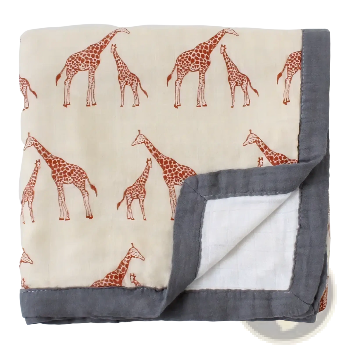 A cream-colored bamboo cotton floral baby swaddle blanket with reddish-brown giraffe pattern and gray borders