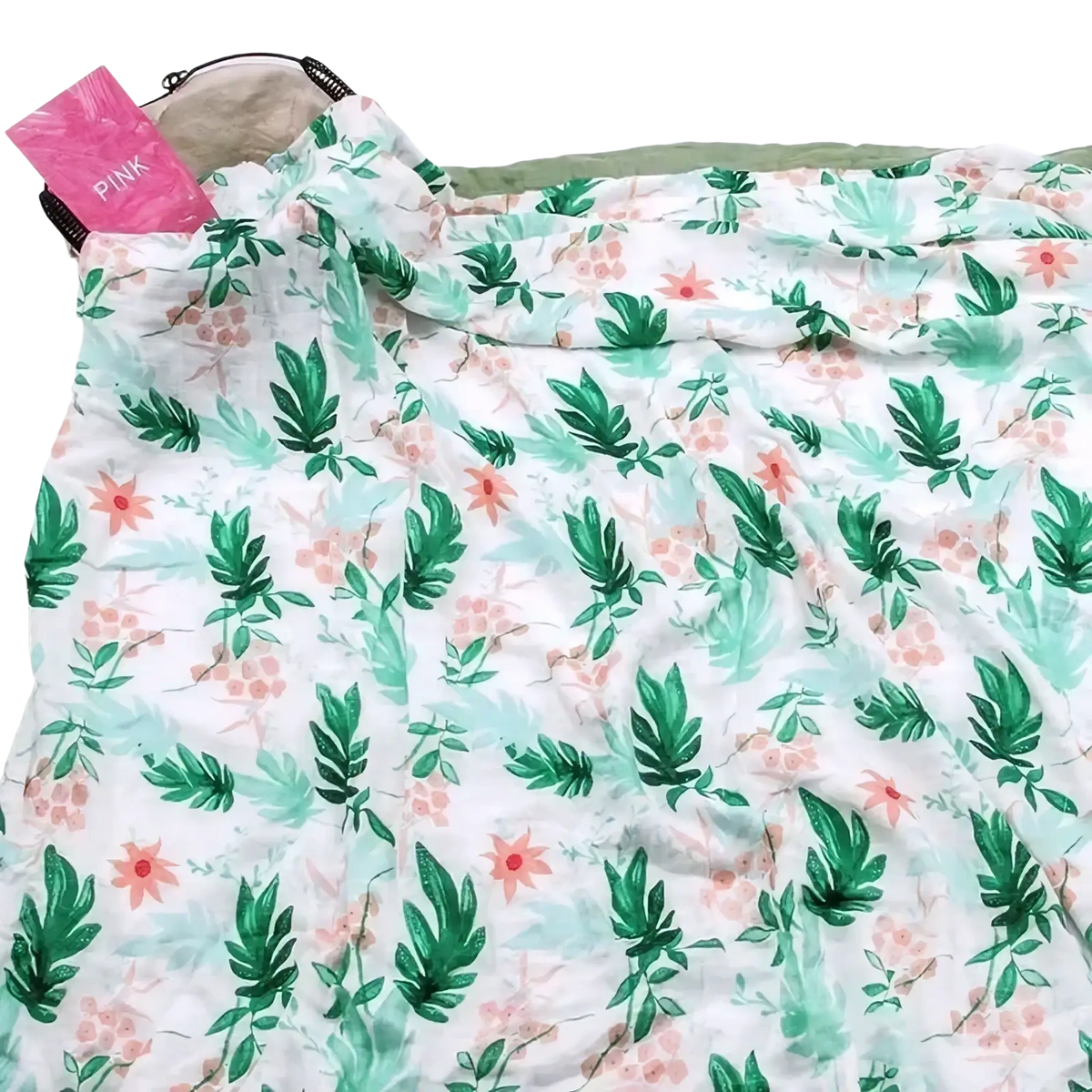 A soft white bamboo cotton floral baby swaddle blanket featuring a quilted texture with green leaves and pink flowers