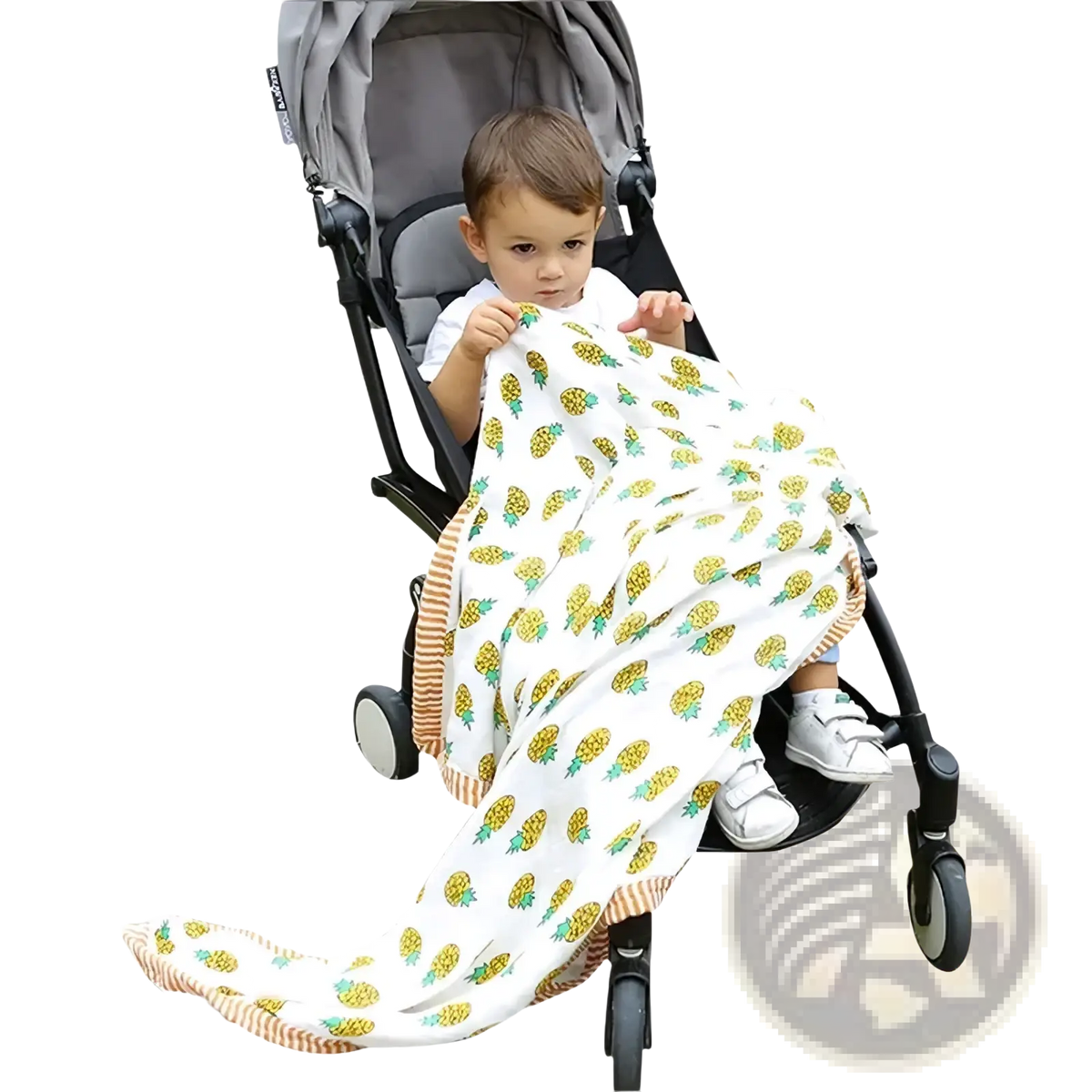 White bamboo cotton baby swaddle blanket with yellow pineapple prints and striped border for floral use
