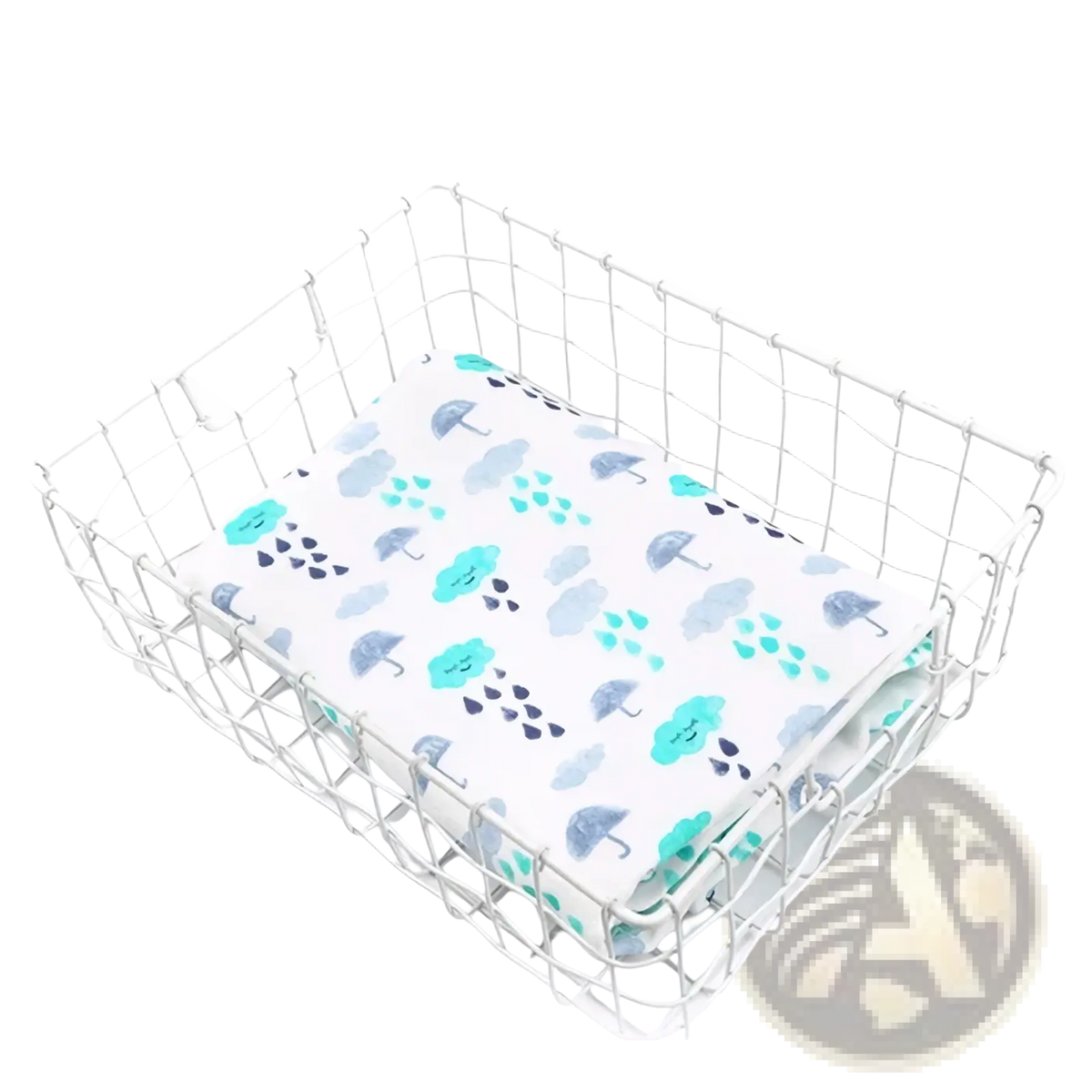 Bamboo cotton floral baby swaddle blanket with white fabric and teal gray umbrella raindrop cloud pattern in silver basket