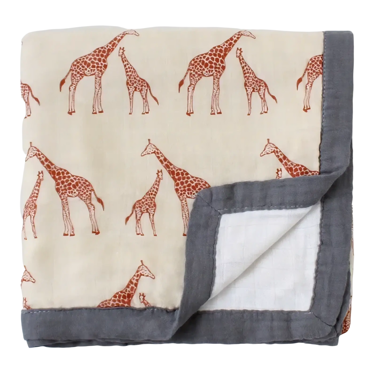A cream-colored bamboo cotton floral baby swaddle blanket with reddish-brown giraffe pattern and gray borders