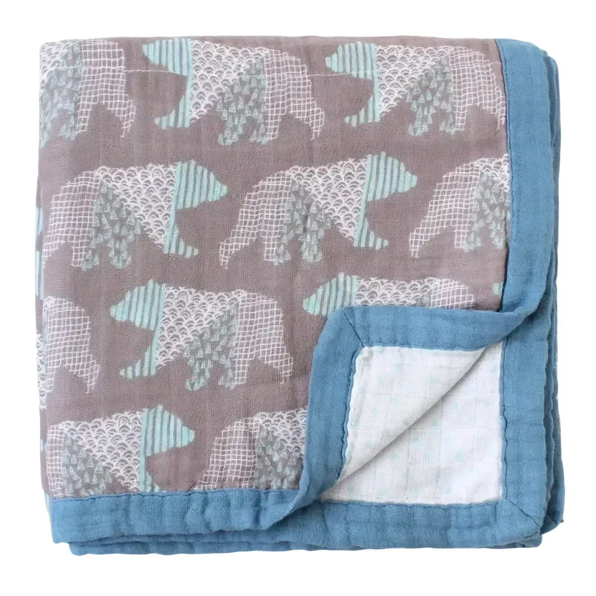 Bamboo cotton floral baby swaddle blanket with stylized bear pattern in muted gray mint green on taupe with blue border