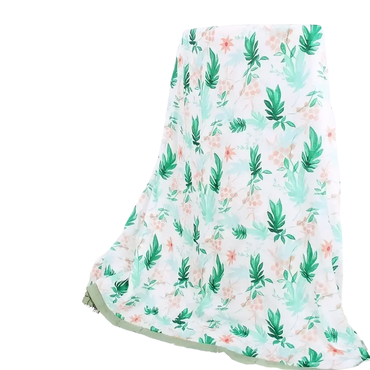 Bamboo cotton floral baby swaddle blanket in soft lightweight fabric with mint green leaves and blush pink flowers on white