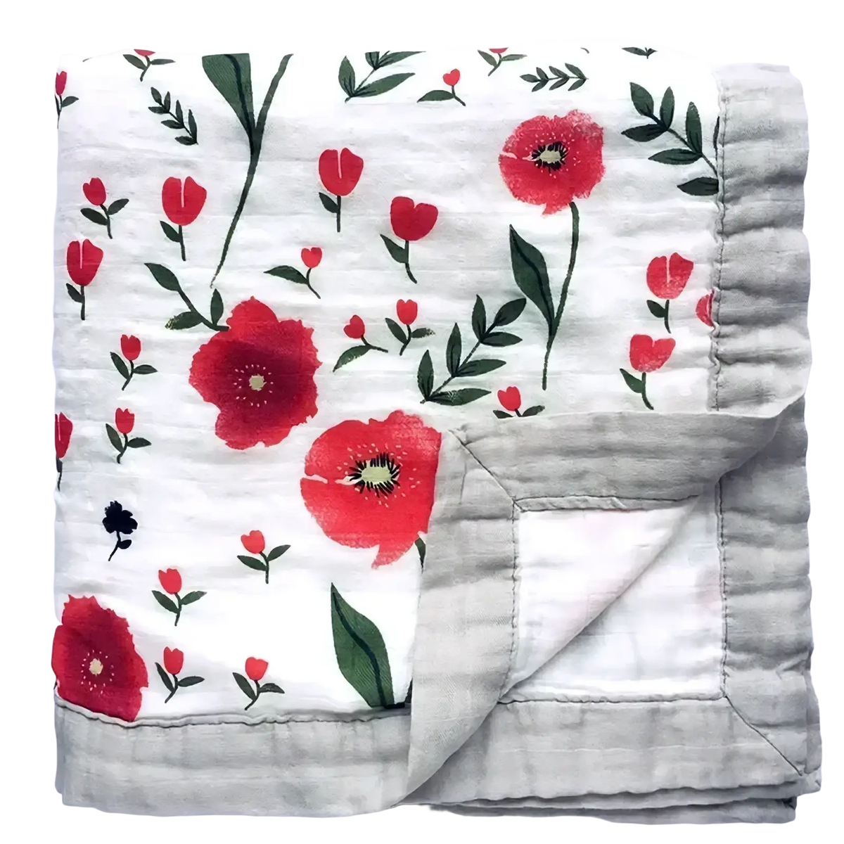 Bamboo cotton floral baby swaddle blanket in soft white muslin with red poppy pattern and gray ruffled border