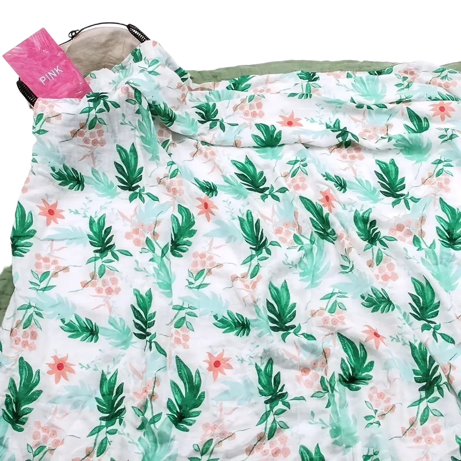A soft white bamboo cotton floral baby swaddle blanket with vibrant green leaves and pink flowers print