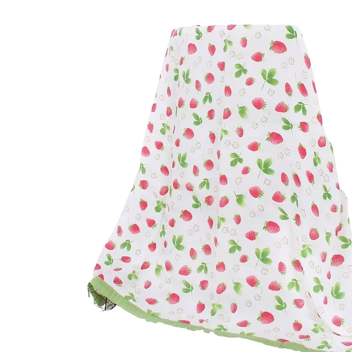 White bamboo cotton floral baby swaddle blanket with playful strawberry pattern and soft lime green border