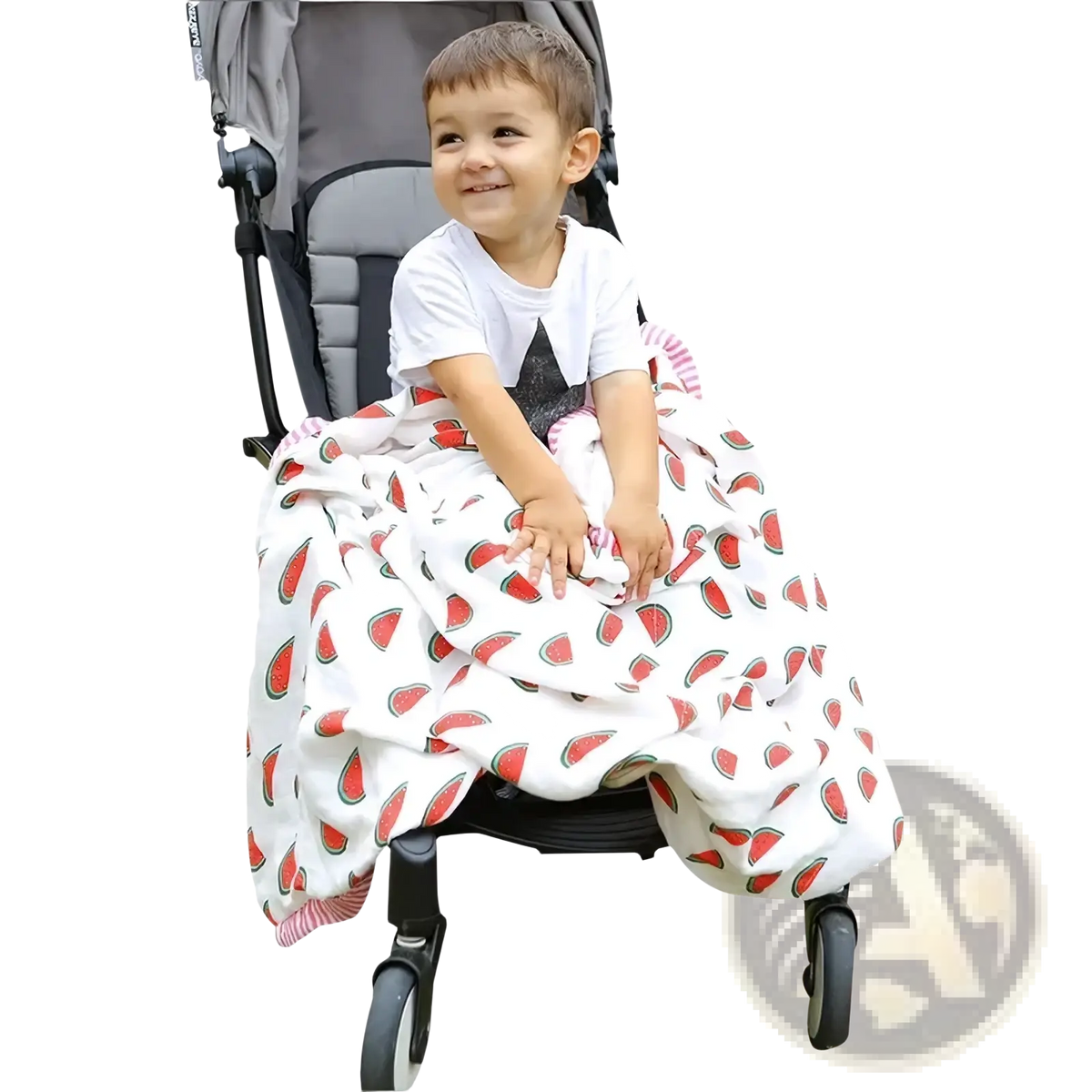 White bamboo cotton baby swaddle blanket with red watermelon slice pattern draped over baby in stroller