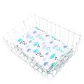 Bamboo cotton floral baby swaddle blanket with white fabric and teal gray umbrella raindrop cloud pattern in silver basket