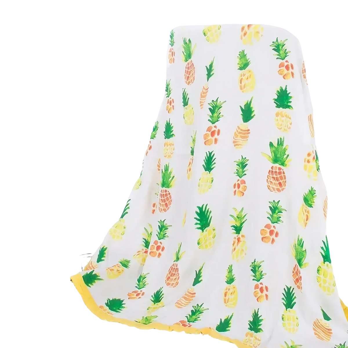 Bamboo cotton floral baby swaddle blanket with a white base, playful yellow and green pineapple pattern, and bright yellow border