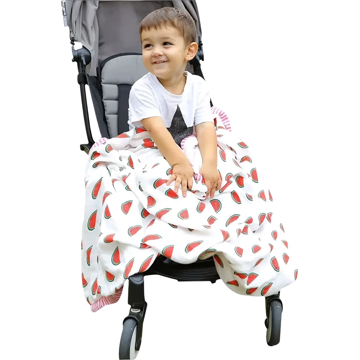 White bamboo cotton baby swaddle blanket with red watermelon slice pattern draped over baby in stroller