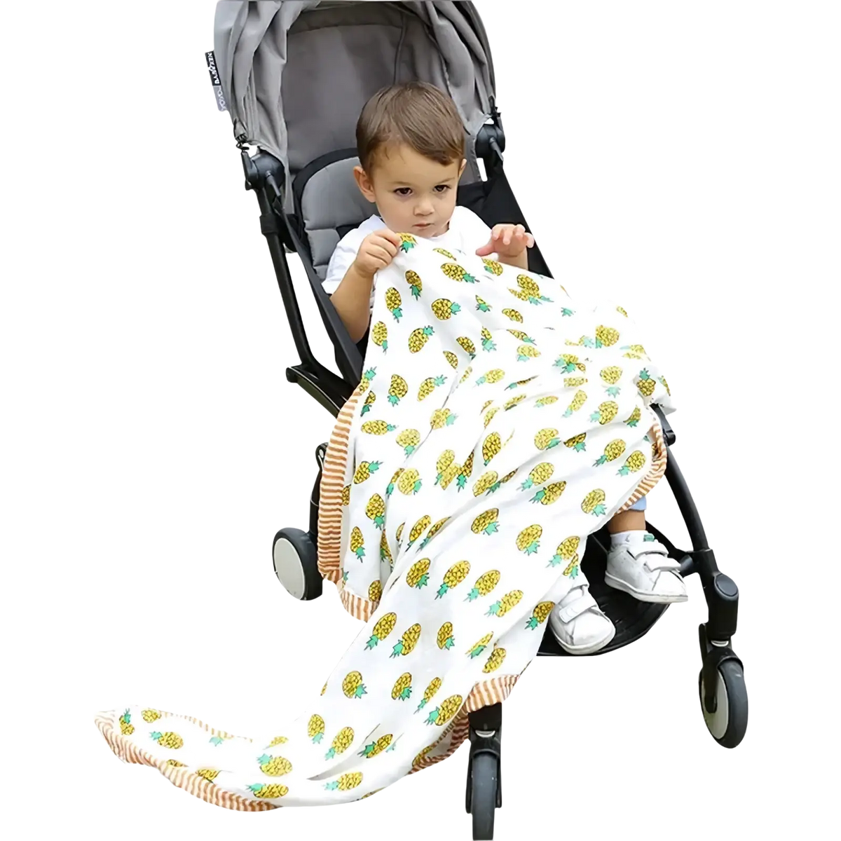 White bamboo cotton baby swaddle blanket with yellow pineapple prints and striped border for floral use