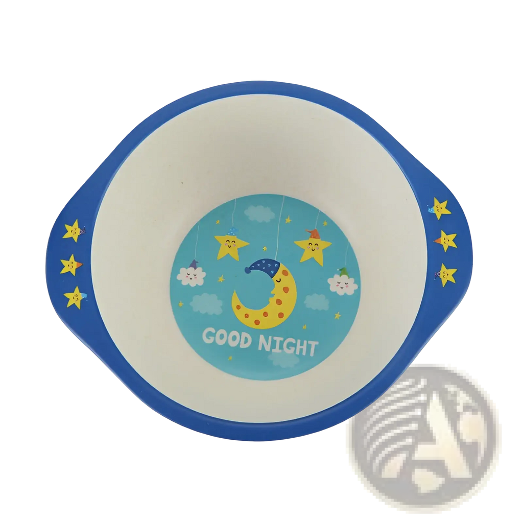 Blue and white bamboo fiber baby bowl with good night design featuring yellow crescent moon smiling stars and clouds
