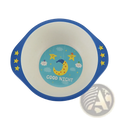 Blue and white bamboo fiber baby bowl with good night design featuring yellow crescent moon smiling stars and clouds