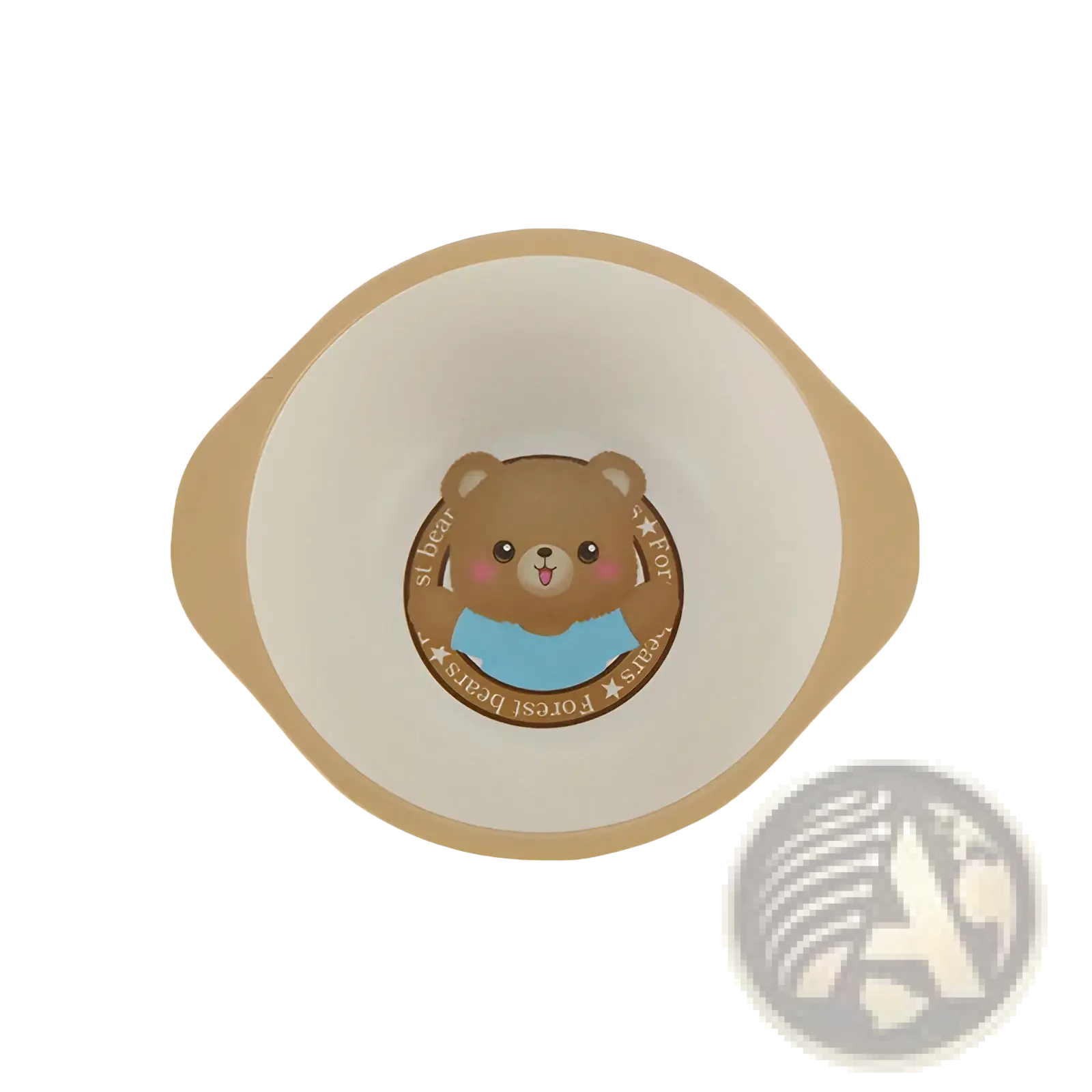 Cream-colored bamboo fiber baby bowl with tan handles featuring a brown bear illustration and forest bears text