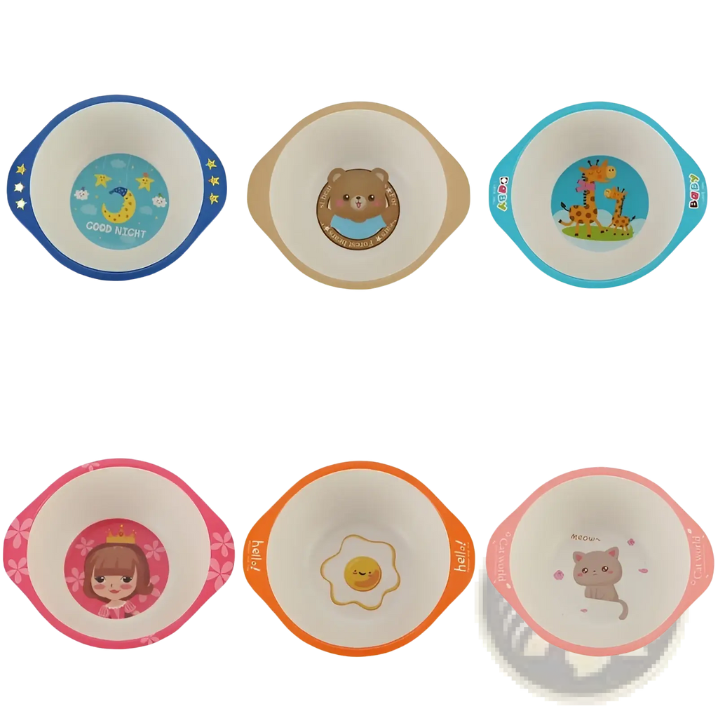 Set of six bamboo fiber baby bowls with colorful rims and cartoon animal designs for children’s feeding
