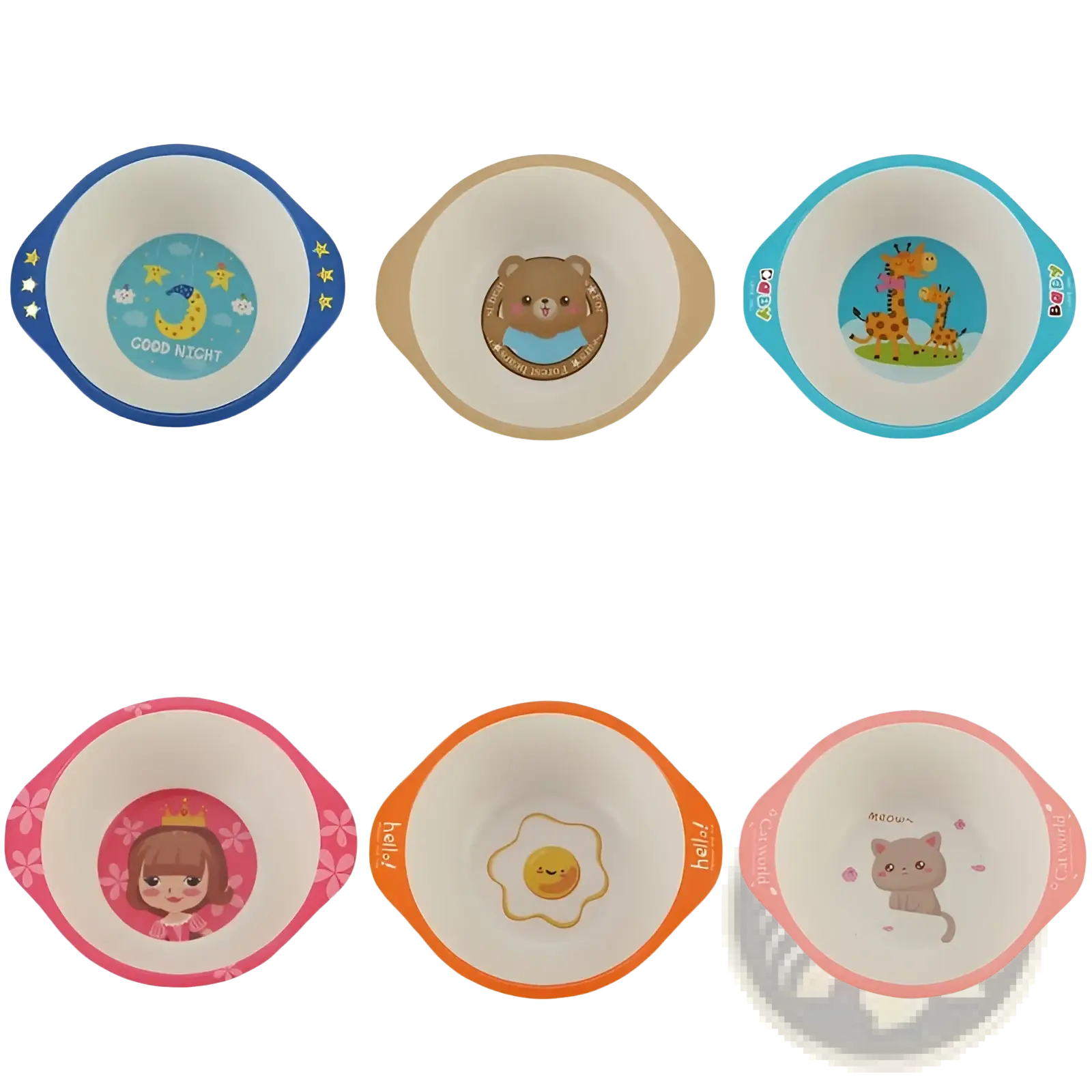 Set of six bamboo fiber baby bowls with colorful rims and cartoon animal designs for children’s feeding