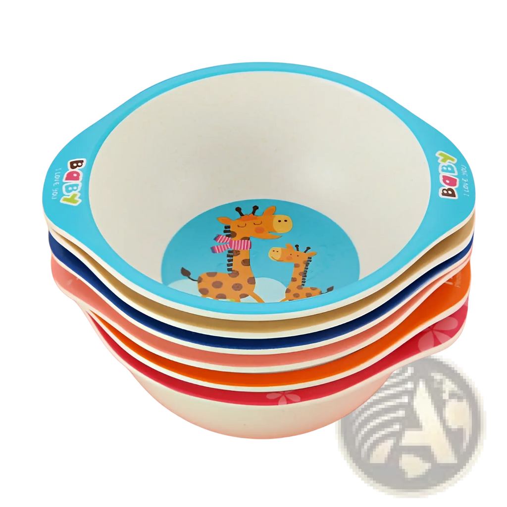 Stack of colorful bamboo fiber baby bowls with giraffe designs and baby branding for feeding use