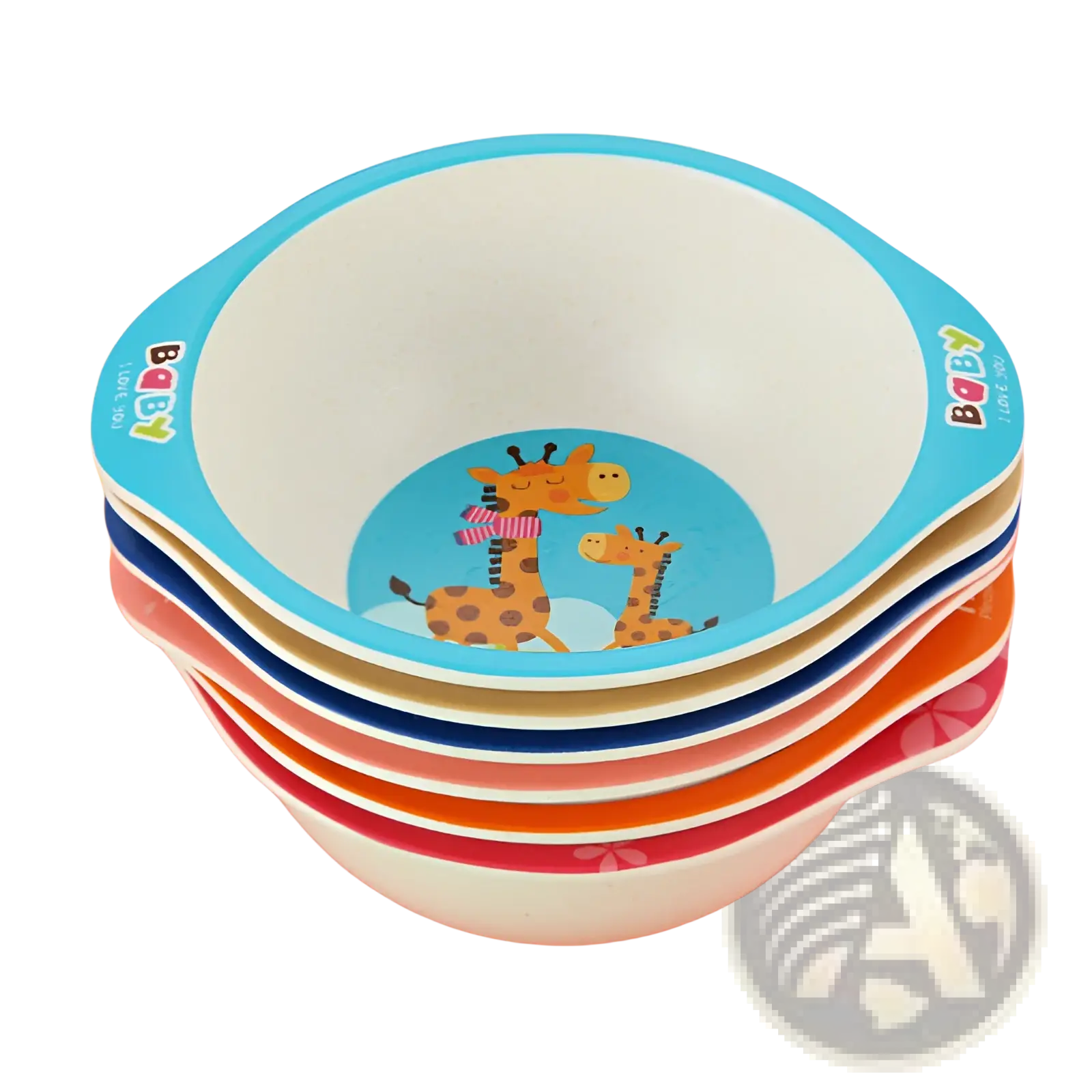 Stack of colorful bamboo fiber baby bowls with giraffe designs and baby branding for feeding use