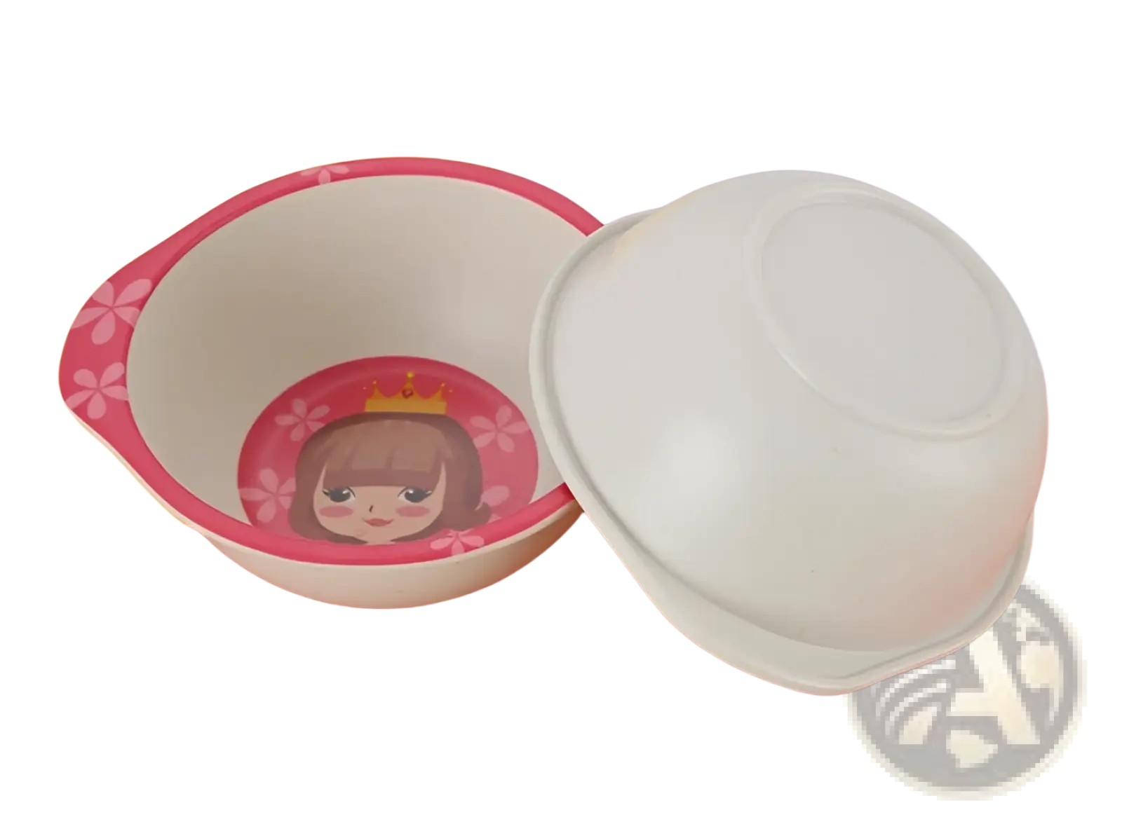 Pink and white bamboo fiber baby bowl with cartoon princess design inside for children’s feeding dishes