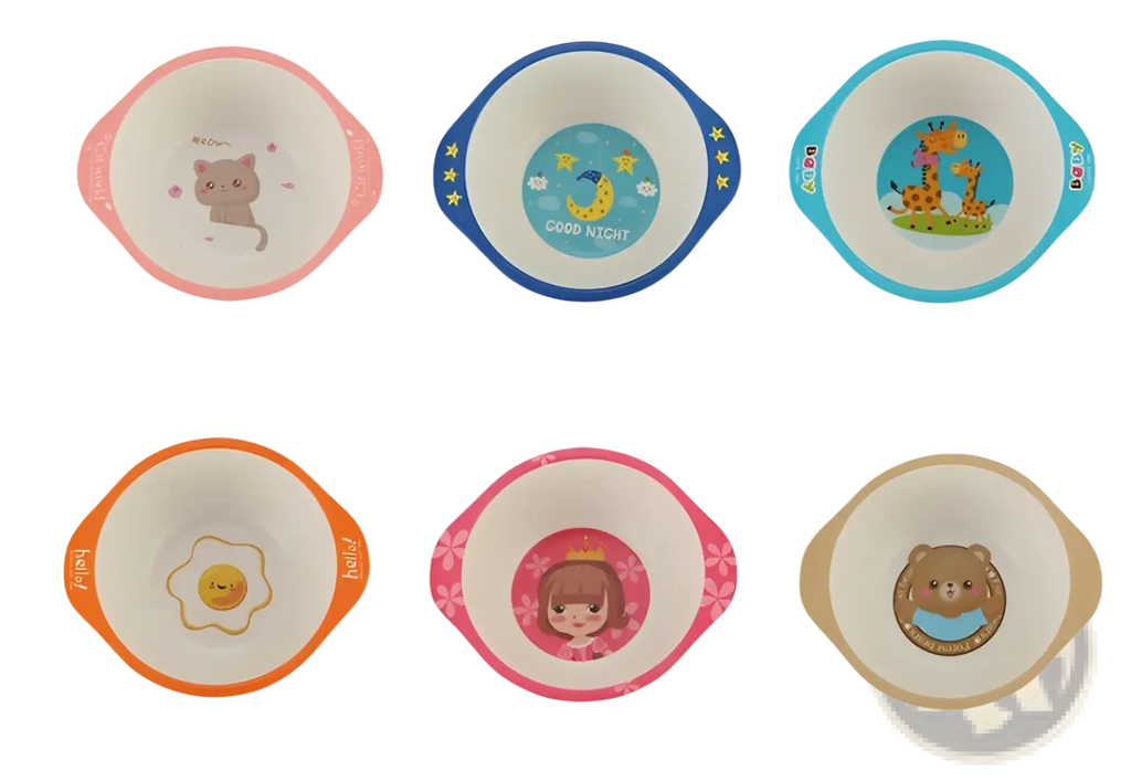 Set of six colorful bamboo fiber baby bowls with cartoon animal designs and soft handles in pastel pink blue orange and beige