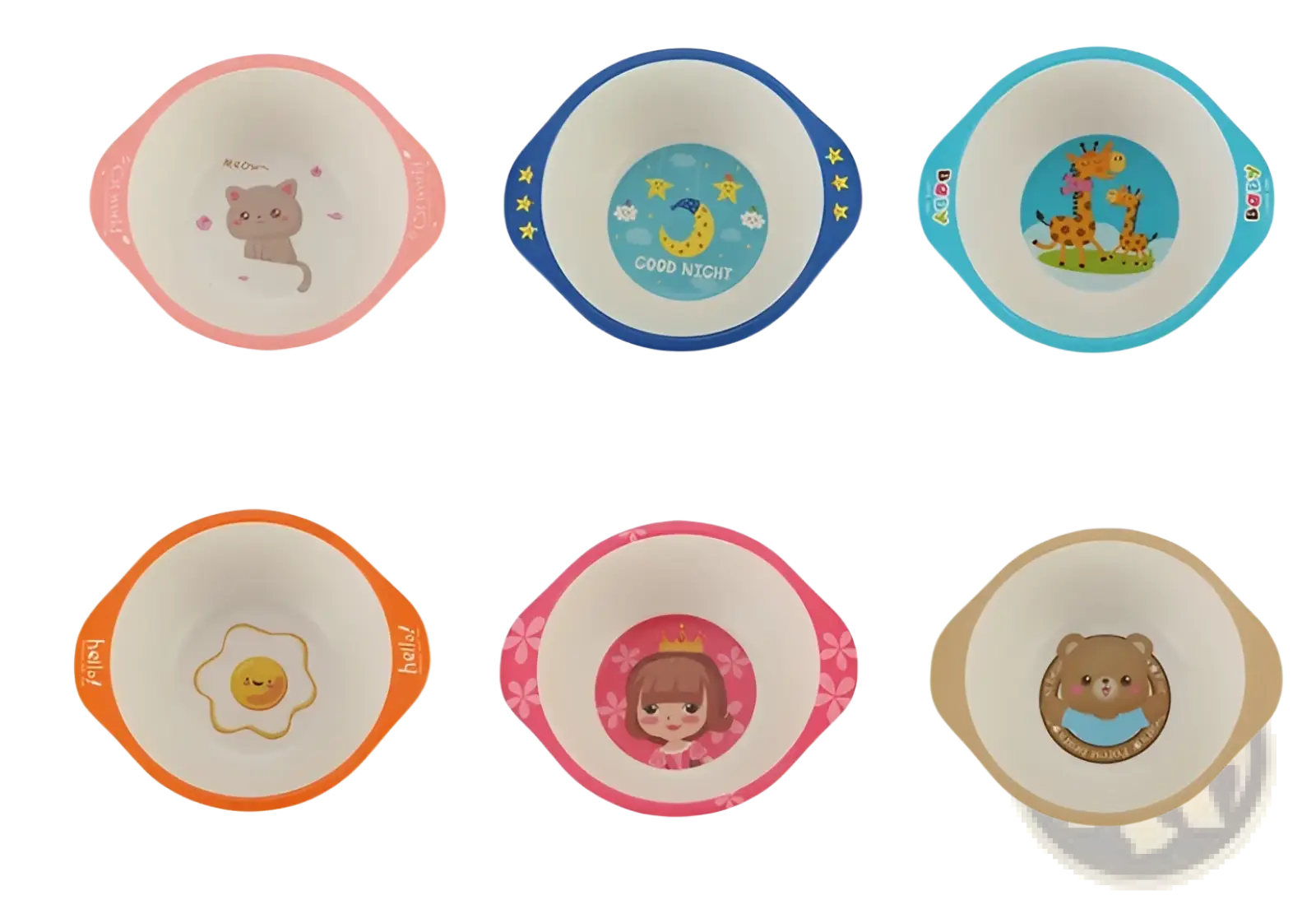 Set of six colorful bamboo fiber baby bowls with cartoon animal designs and soft handles in pastel pink blue orange and beige