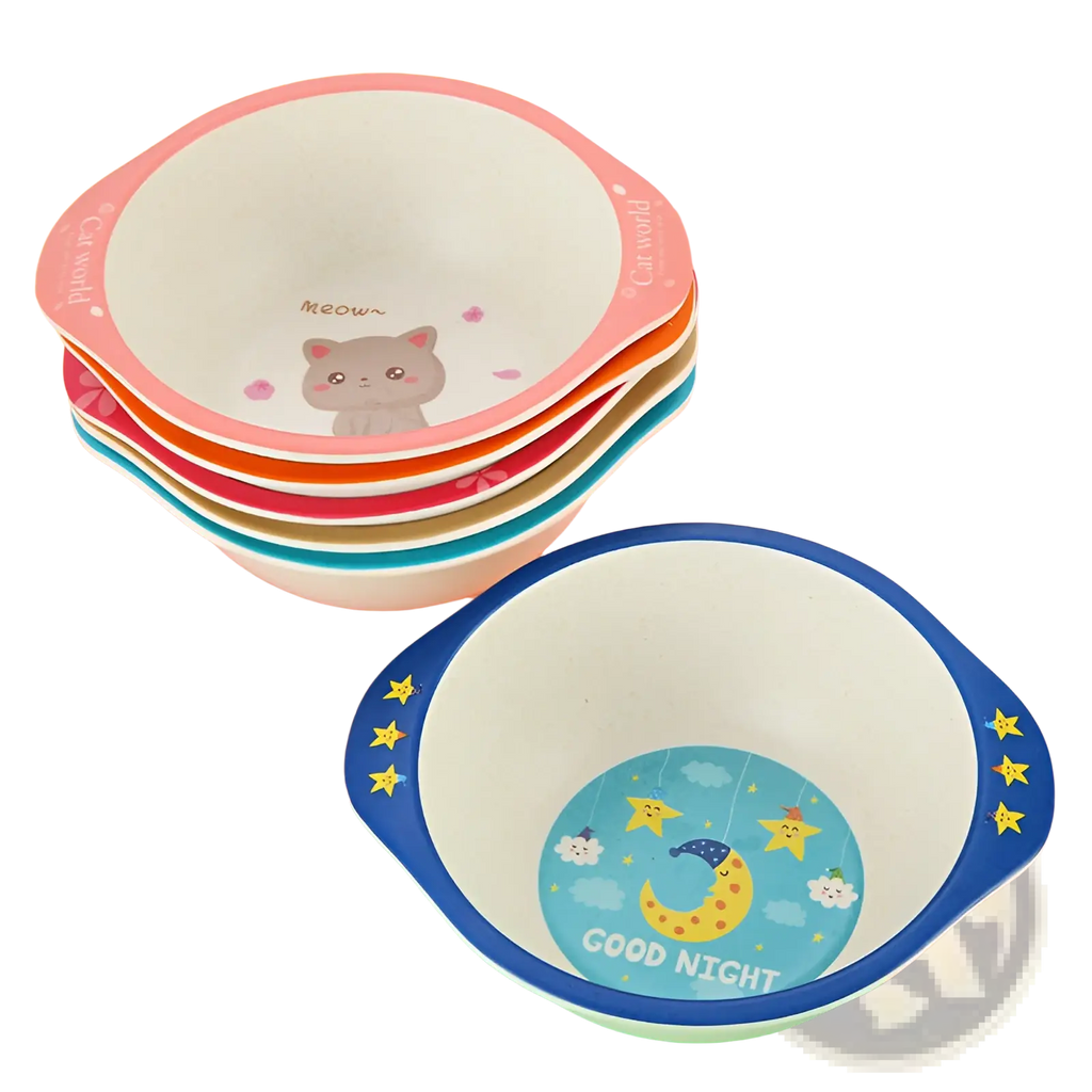 A stack of colorful bamboo fiber baby bowls with cartoon animal designs featuring a pink bowl with a gray cat and meow text