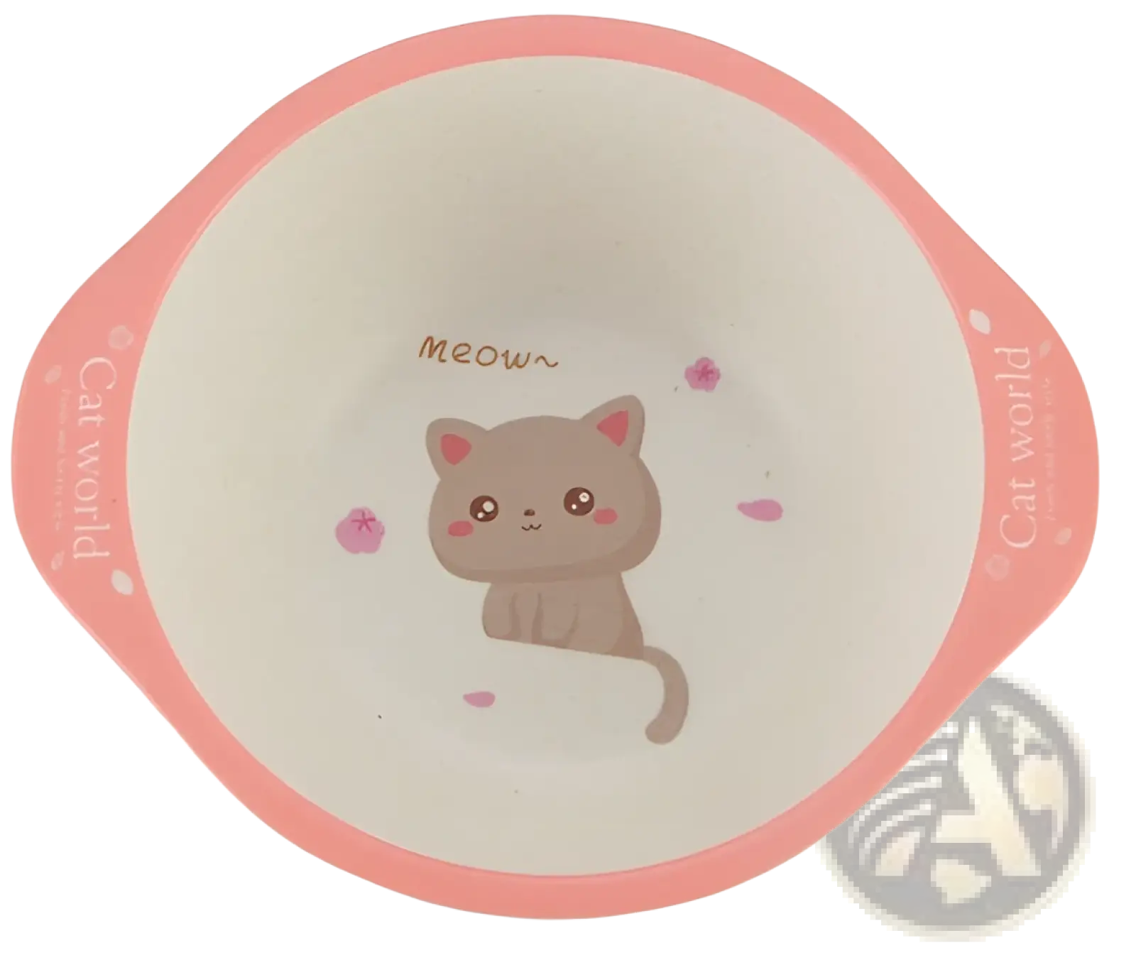 Pink-rimmed bamboo fiber baby bowl with a gray cartoon kitten and meow print for animal feeding dishes