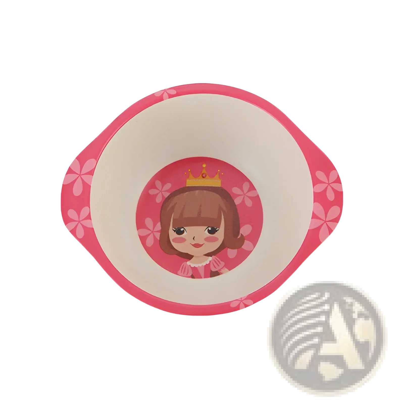 Pink princess-themed bamboo fiber baby bowl with floral pattern and dual handles for toddler feeding use