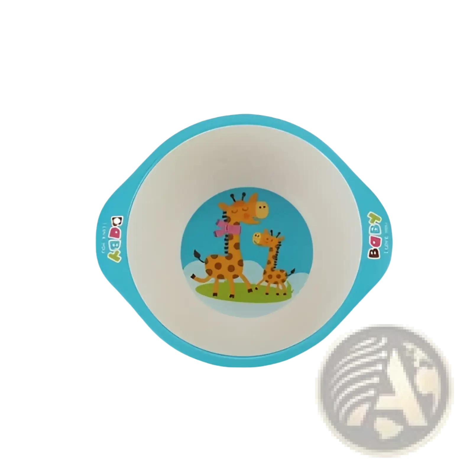 Blue and white bamboo fiber baby bowl with cheerful cartoon giraffe family design for children’s feeding dishes