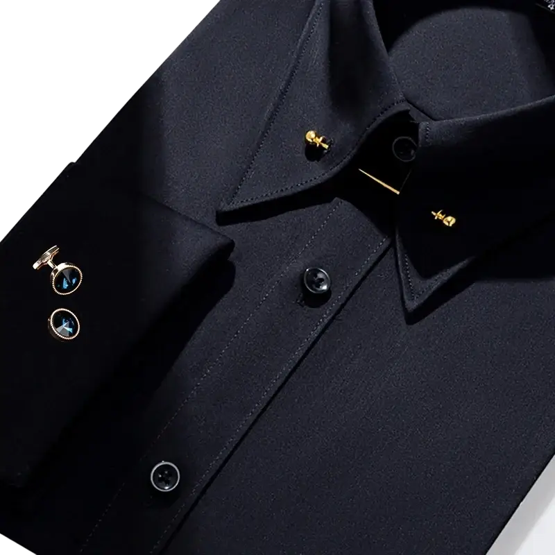 Black bamboo fiber classic french cuff dress shirt for men with gold-colored cufflinks and buttonholes