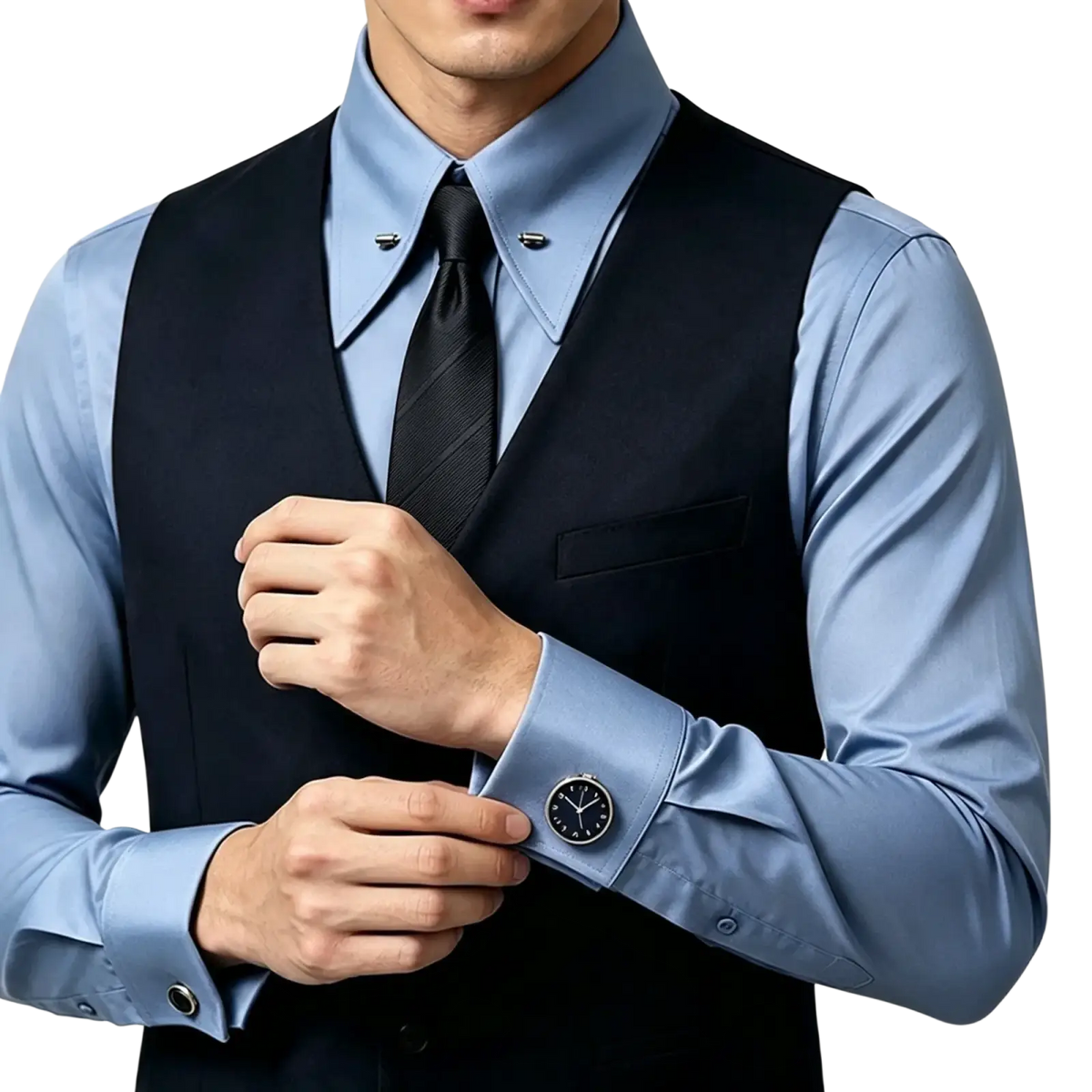 Black circular cufflink with minimalist clock face paired with bamboo fiber classic french cuff dress shirt for men