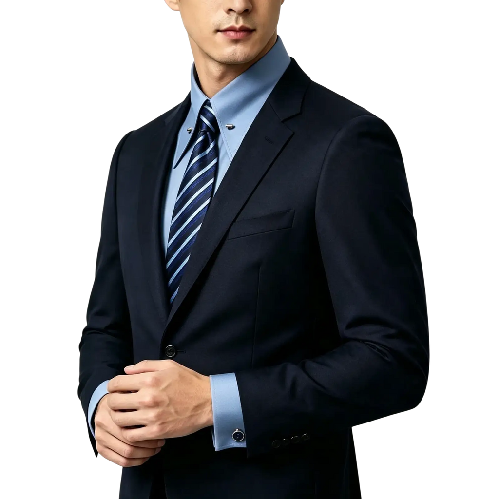 A sleek navy blue tailored suit jacket paired with a bamboo fiber classic french cuff dress shirt and striped tie with collar bar pin