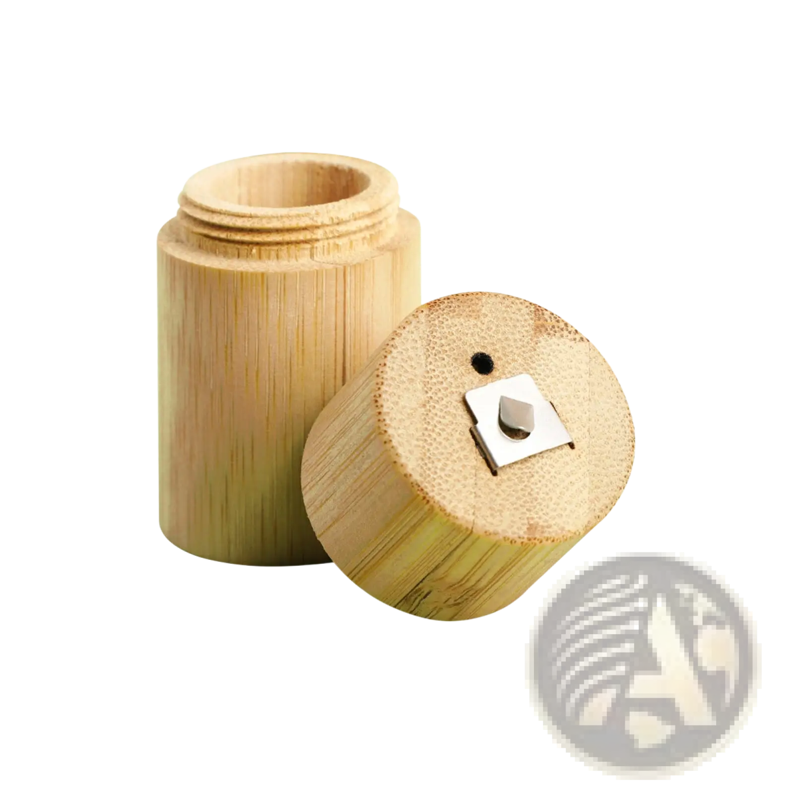 Light brown bamboo pencil sharpener with silver metal blade and small hole on the lid for portable biodegradable use