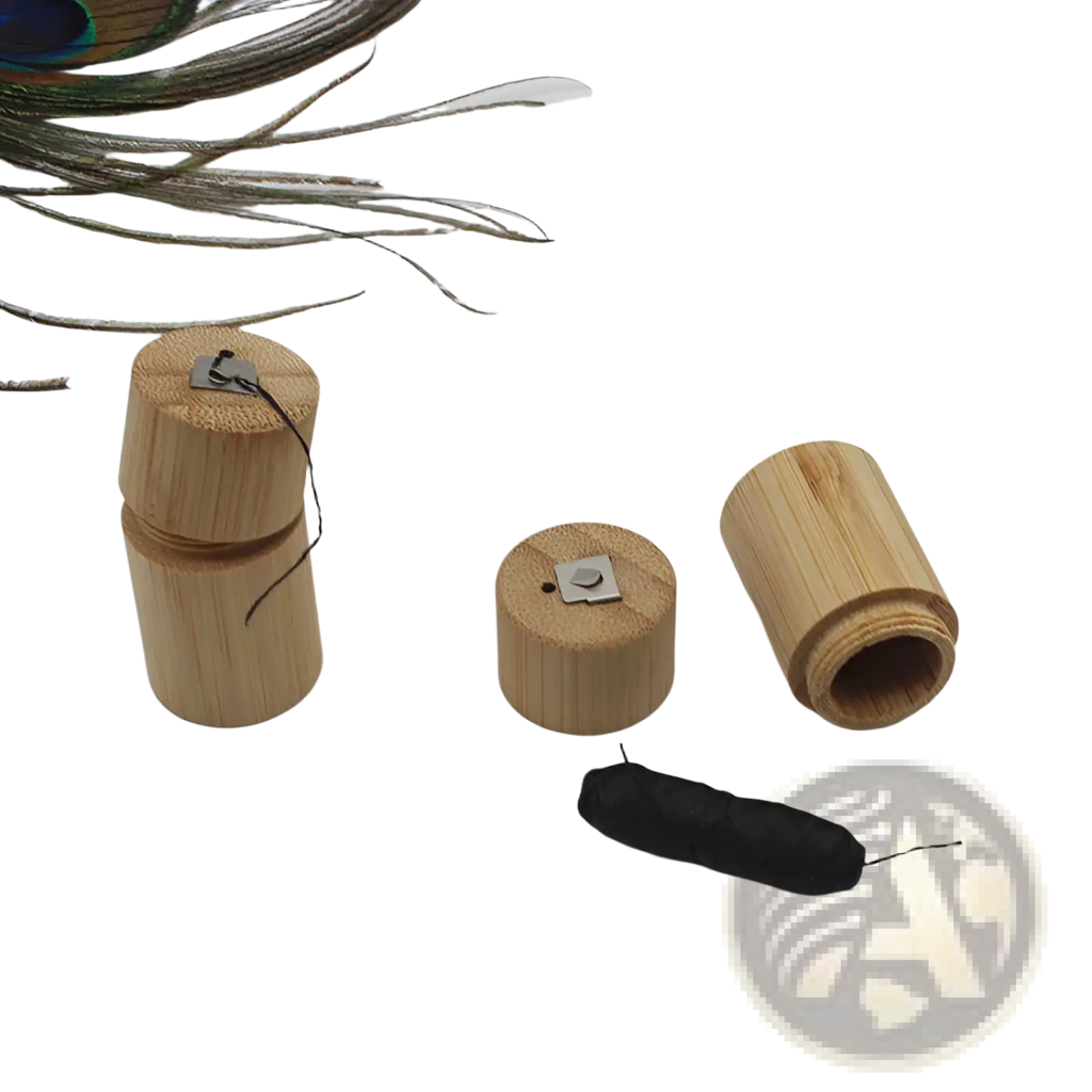 Bamboo floss tube portable biodegradable case with bamboo finish, metallic clasps, and black dental floss spool