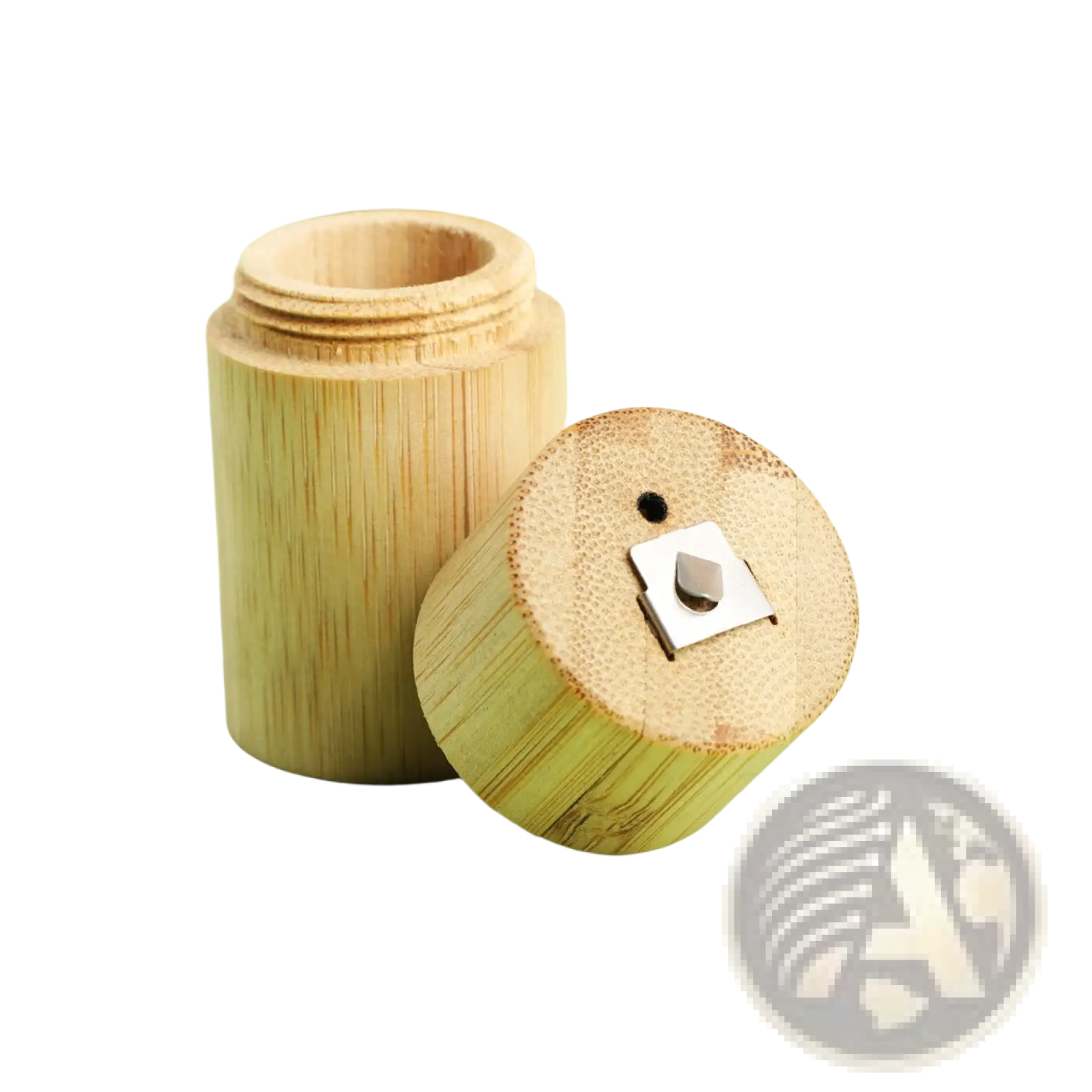 A bamboo pencil sharpener with natural wood grain finish and silver metal blade for bamboo floss tube case