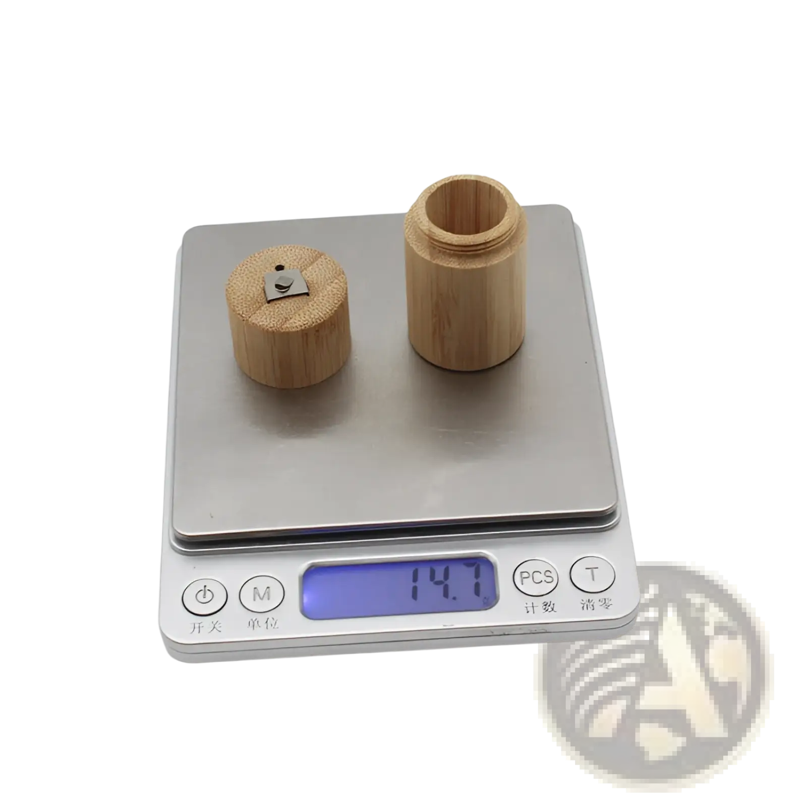 Light brown bamboo floss tube portable biodegradable case with matching lid and small metal clasp for secure closure