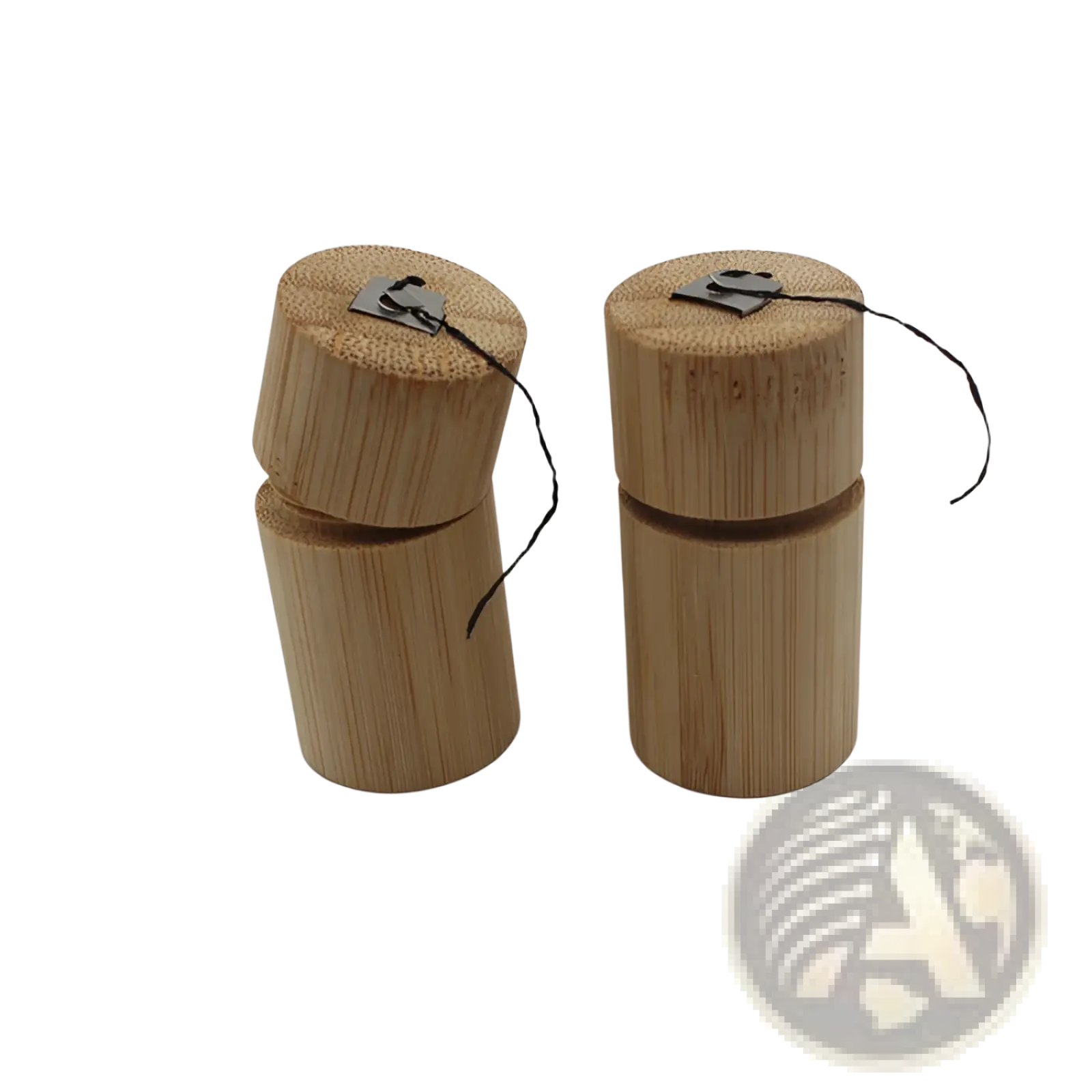 Two light brown bamboo floss tube portable biodegradable cases with black string and metal tags for dental use